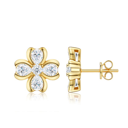 Symmetrical studio view of 18k gold plated pear cut moissanite clover flower stud earrings with central round stone.