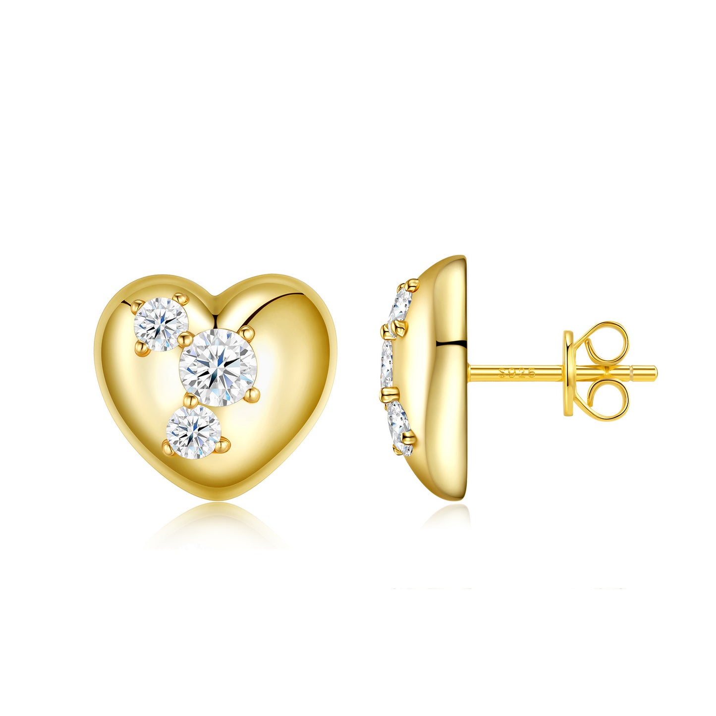 Studio display of 18k gold plated puffy heart moissanite stud earrings featuring triple diagonal moissanite stones and push-back posts.