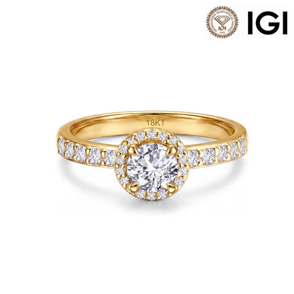 18k yellow gold round brilliant lab diamond halo engagement ring with pave band and IGI logo on white studio background