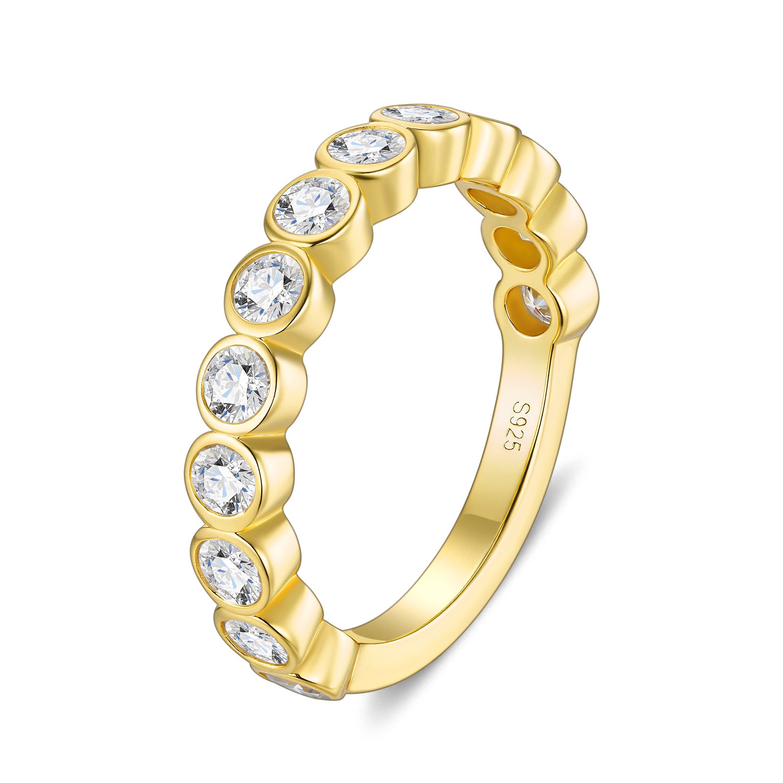 Symmetrical studio display of an 18k gold plated 925 sterling silver round moissanite bezel set bubble eternity ring.