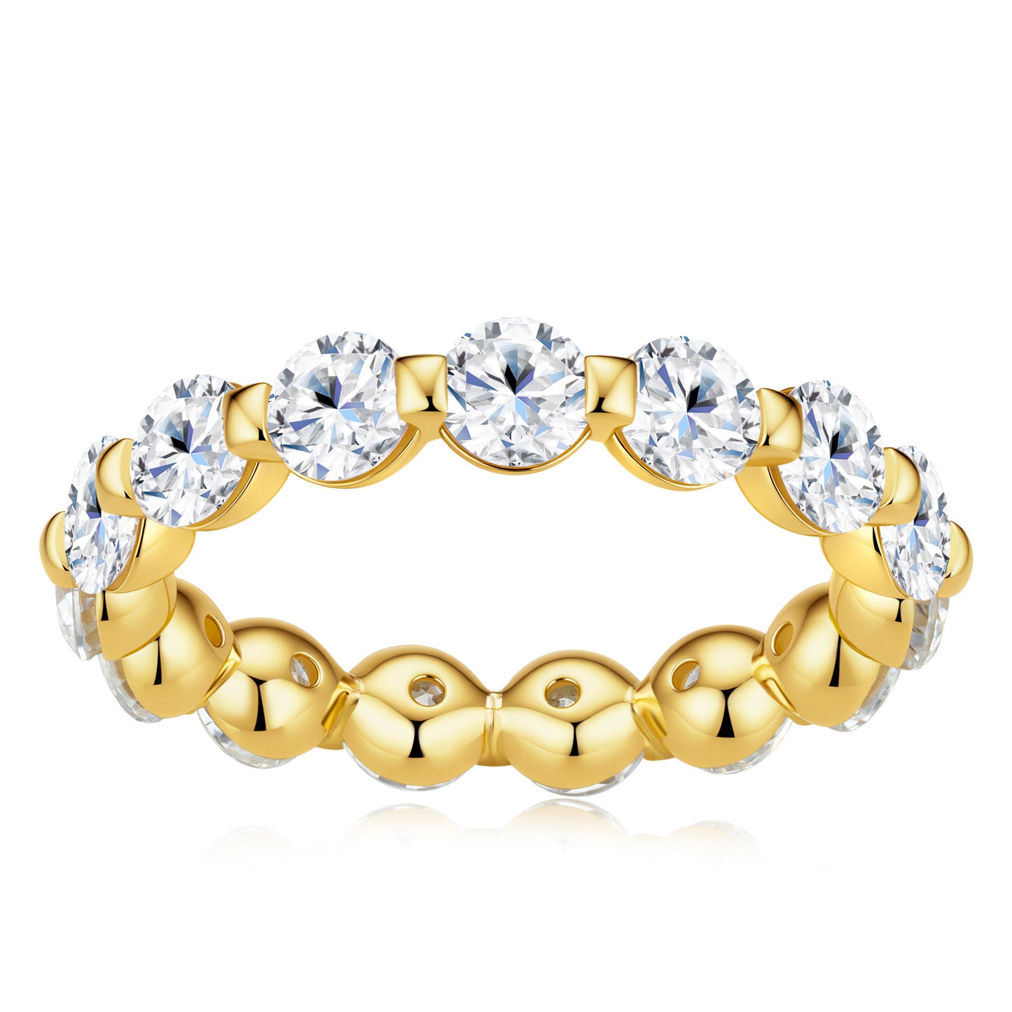 A yellow gold eternity ring featuring a row of round brilliant-cut clear gemstones on the outer band, set against a plain white background.