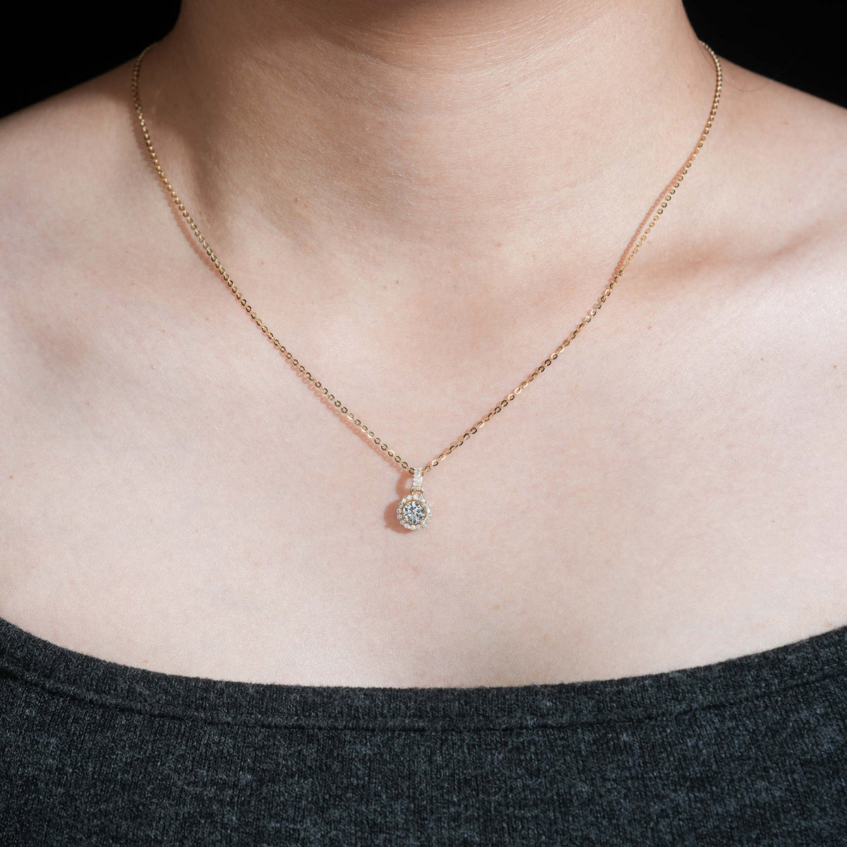 Model wearing 18k rose gold 5mm cushion square halo lab-grown diamond pendant necklace