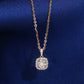 18k rose gold 5mm cushion square halo lab-grown diamond pendant necklace on royal blue silk background