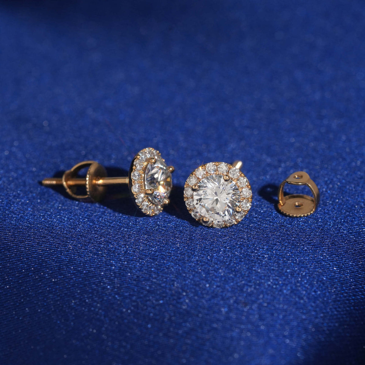 18k rose gold 5mm round halo lab-grown diamond stud earrings showing posts and screw-back mechanisms   