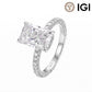 18k white gold 1ct radiant cut lab-grown diamond pave engagement ring with IGI logo on white background
