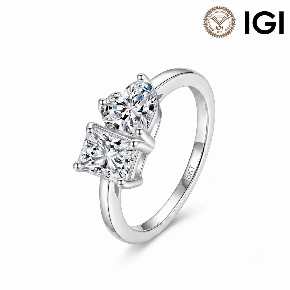 18k white gold heart and princess cut toi et moi lab-grown diamond engagement ring with IGI logo on white background