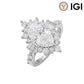 18k white gold marquise cut lab diamond starburst halo engagement ring with IGI logo on white background