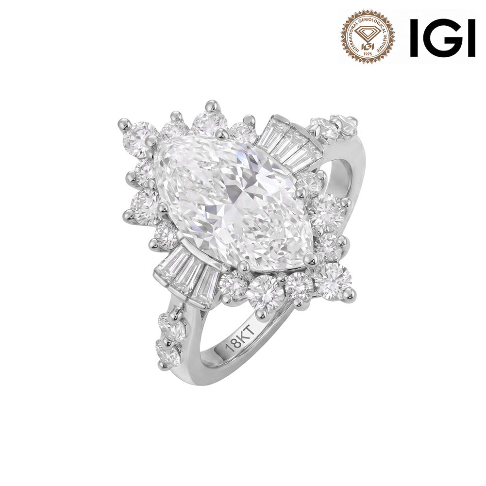 18k white gold marquise cut lab diamond starburst halo engagement ring with IGI logo on white background