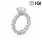 18k white gold oval cut lab diamond engagement pave ring with eternity band and IGI logo on white background