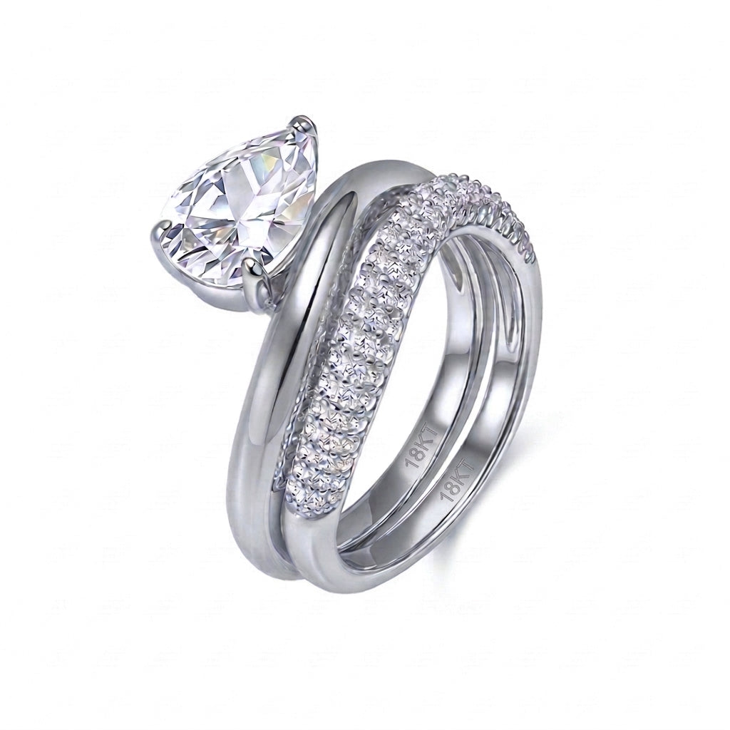 18k white gold pear cut lab diamond solitaire engagement stacking ring set with pave band on white background