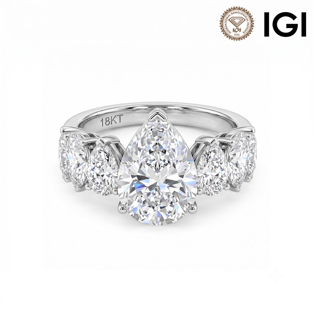 18k white gold pear cut lab-grown diamond five-stone engagement ring with IGI logo on white background   