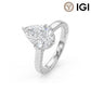 18k white gold pear cut lab-grown diamond hidden halo pave engagement ring with IGI logo on white background   