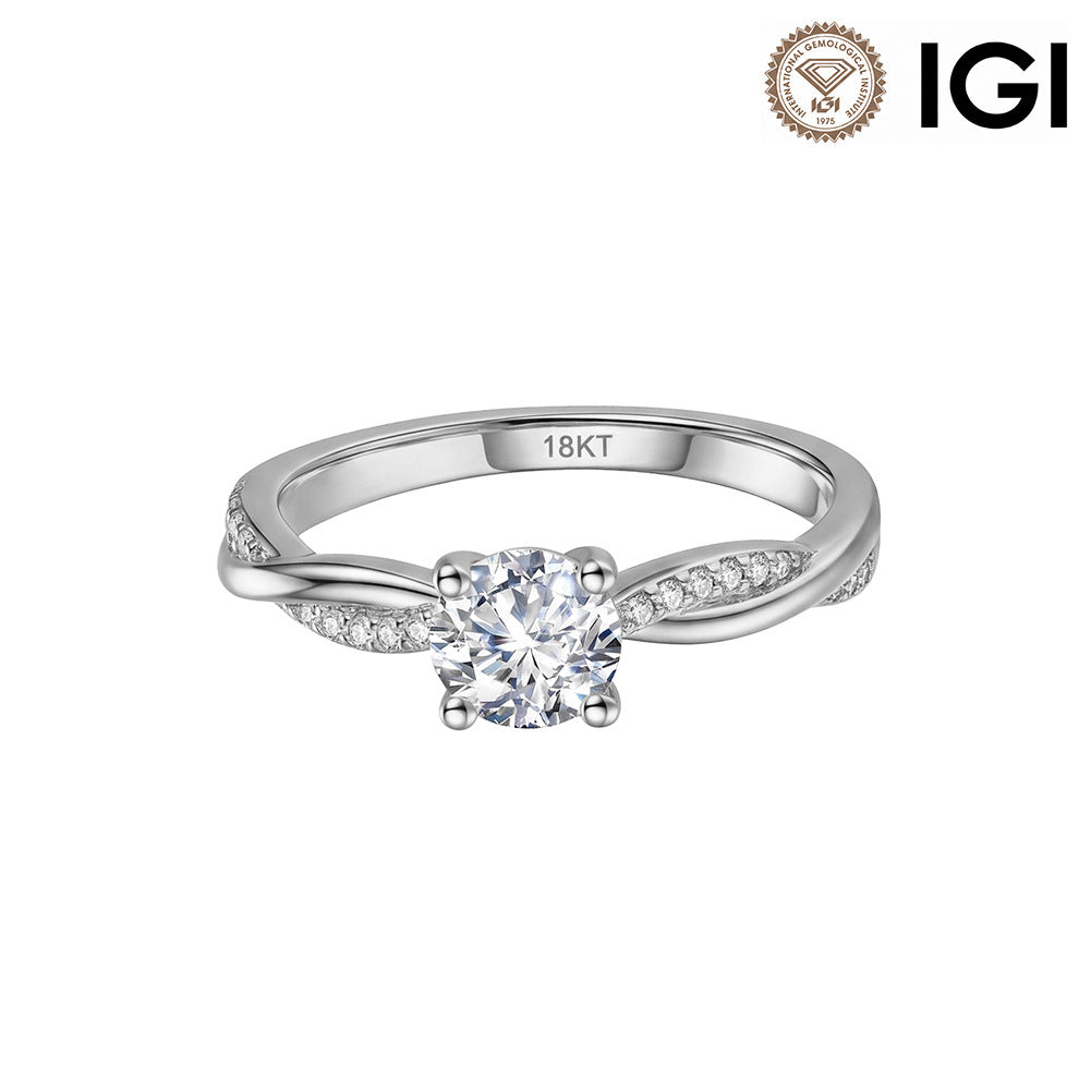 18k white gold round cut lab-grown diamond twist vine engagement ring with IGI logo isolated on white studio background