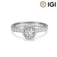 18k white gold round brilliant lab diamond halo engagement ring with pave band and IGI logo isolated on white background