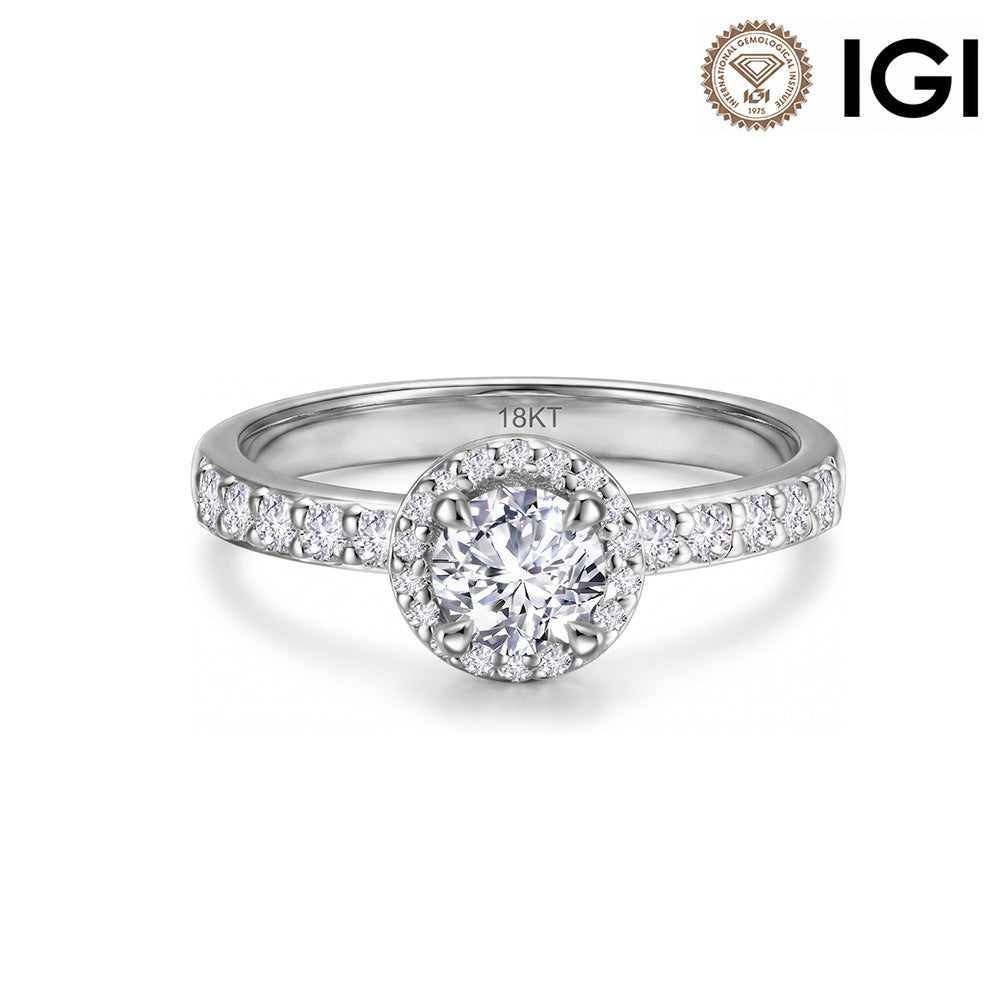 18k white gold round brilliant lab diamond halo engagement ring with pave band and IGI logo isolated on white background