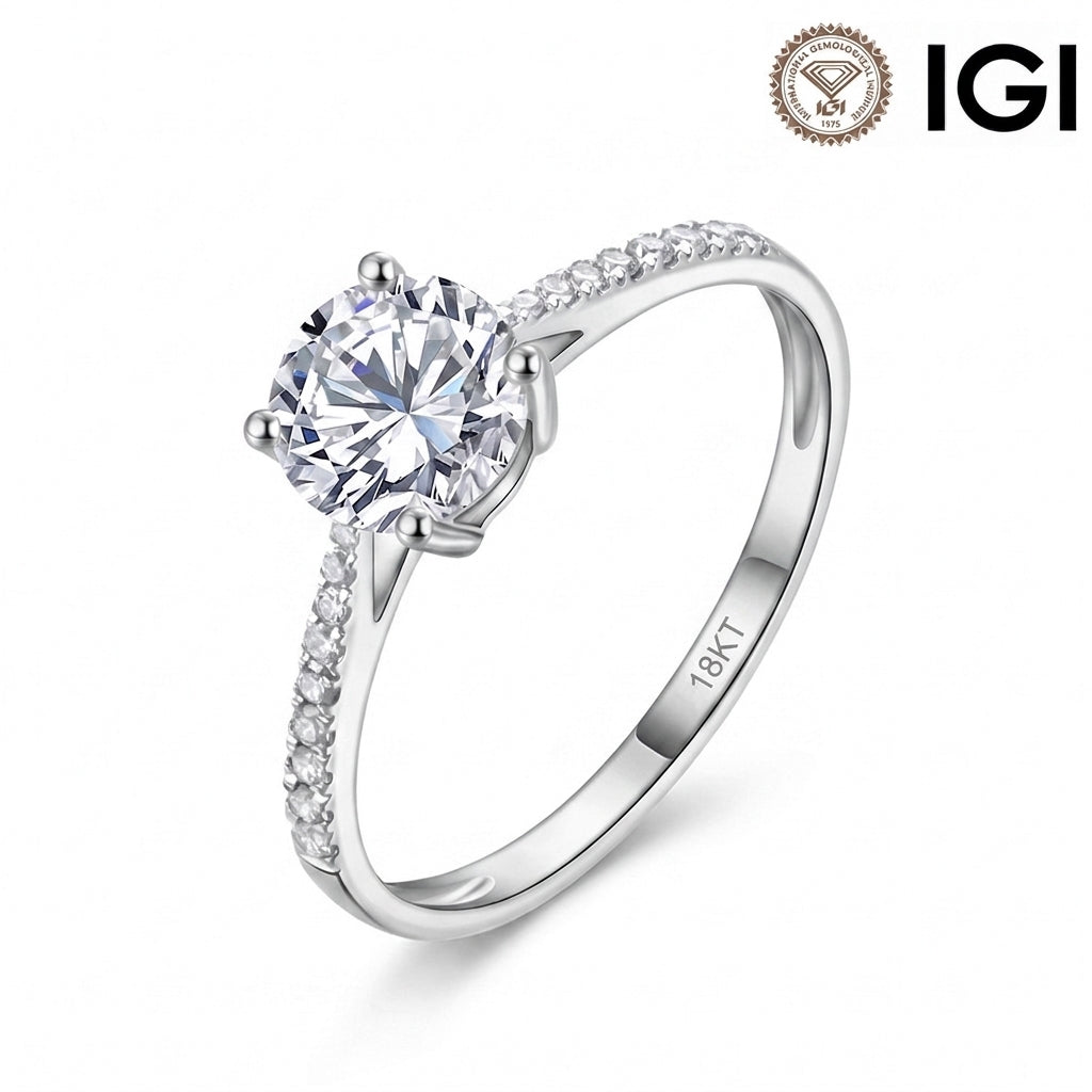 18k white gold round brilliant lab-grown diamond solitaire engagement ring with pave band and IGI logo on white studio background