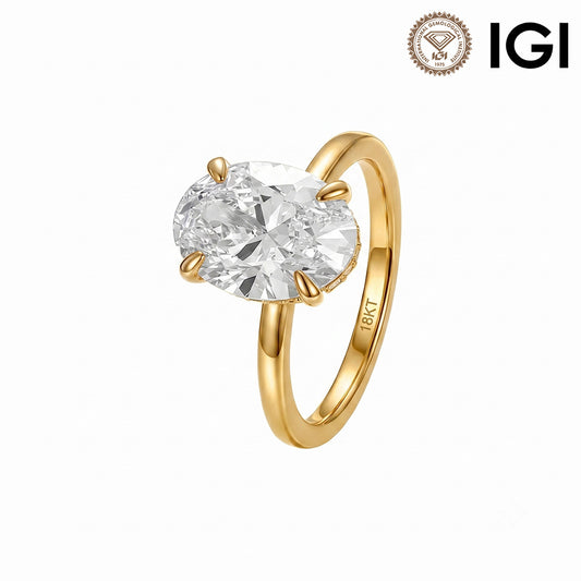 18k yellow gold 2 ct oval cut lab diamond solitaire engagement ring with IGI logo isolated on white studio background
