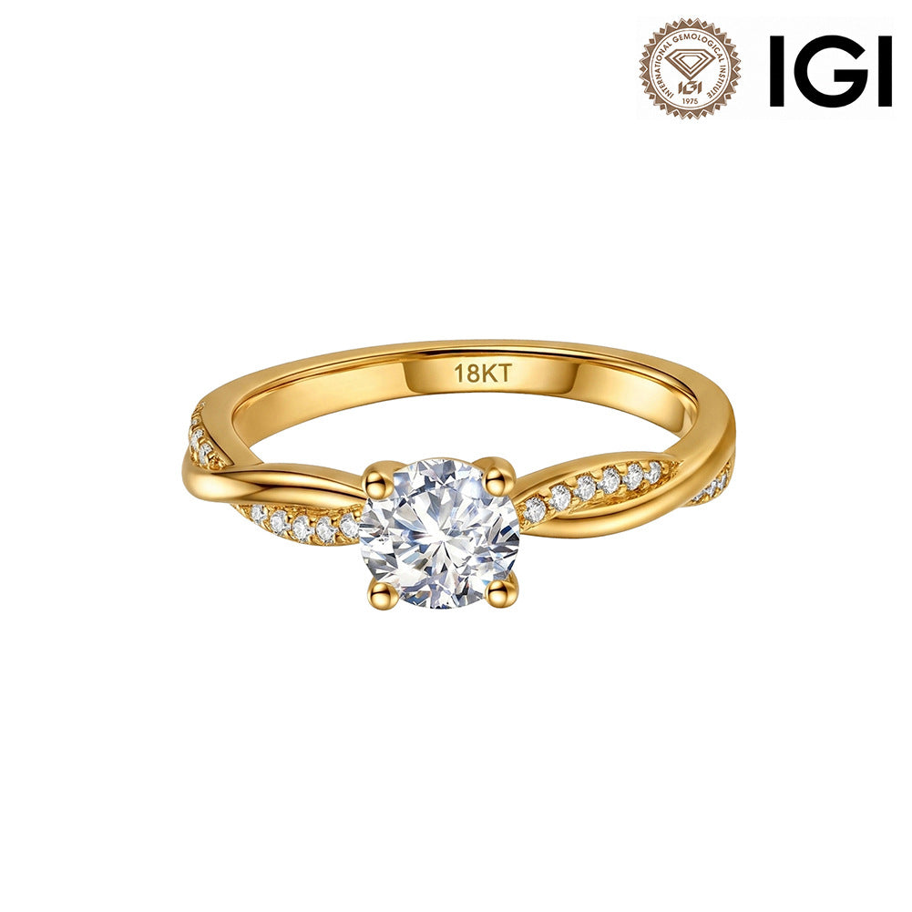 18k yellow gold round cut lab-grown diamond twist vine engagement ring with IGI logo isolated on white studio background