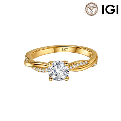 18k yellow gold round cut lab-grown diamond twist vine engagement ring with IGI logo isolated on white studio background