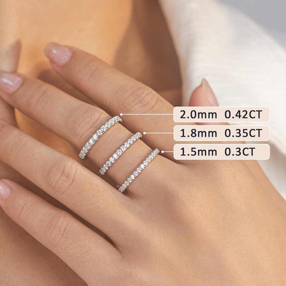 Model wearing 1.5mm 0.3ct, 1.8mm 0.35ct, and 2.0mm 0.42ct lab diamond half eternity bands