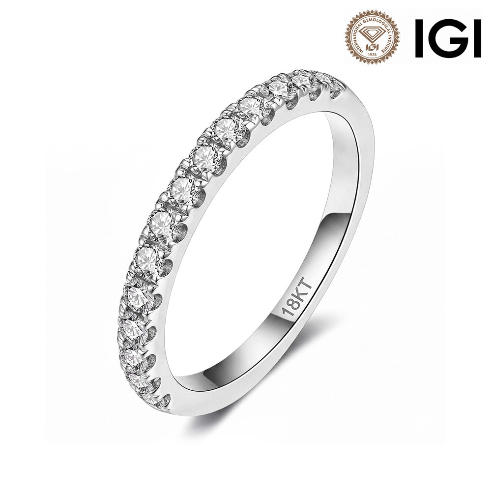 18kt white gold round brilliant lab diamond half eternity wedding ring with IGI logo isolated on white background