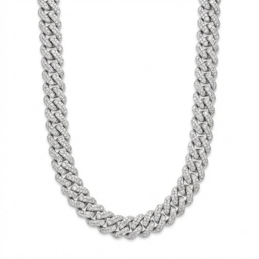 Clean black or dark background (to maximize sparkle contrast) — the 18mm iced out moissanite Cuban link chain displayed flat or on a bust form. The massive 18mm width creates an undeniable presence. Every single link is fully pavé with moissanite stones, catching bright light and showcasing exceptional fire, brilliance, and maximum ice coverage.
