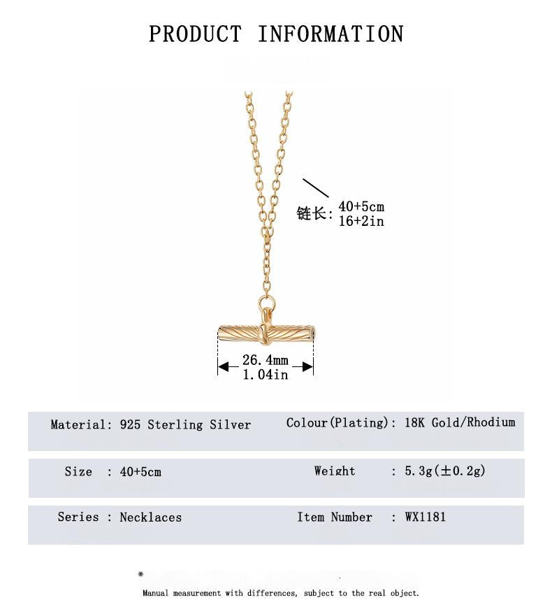 S925 Sterling Silver Cylinder Pendant Necklacenecklace with measurement details on a white background