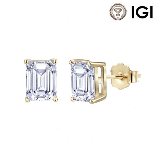 10K&14K&18K Gold Classic Four-Prong Emerald Cut Lab Diamond Engagement Stud Earrings 6*8.5MM