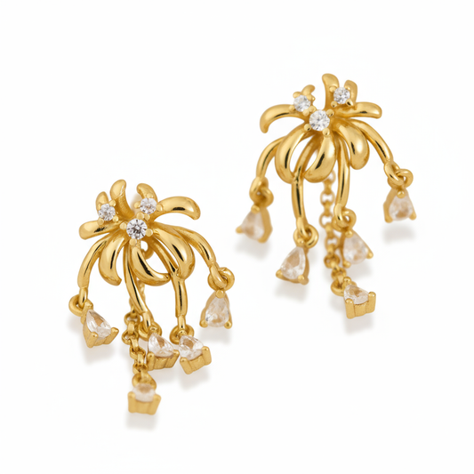 Gold earrings with diamond and pearl accents on a white background