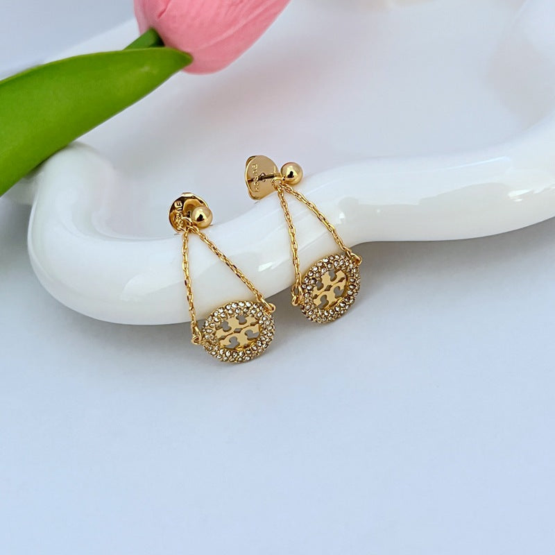 Tory Burch Dangle Chain Crystal Earrings | 18K Yellow Gold Plated