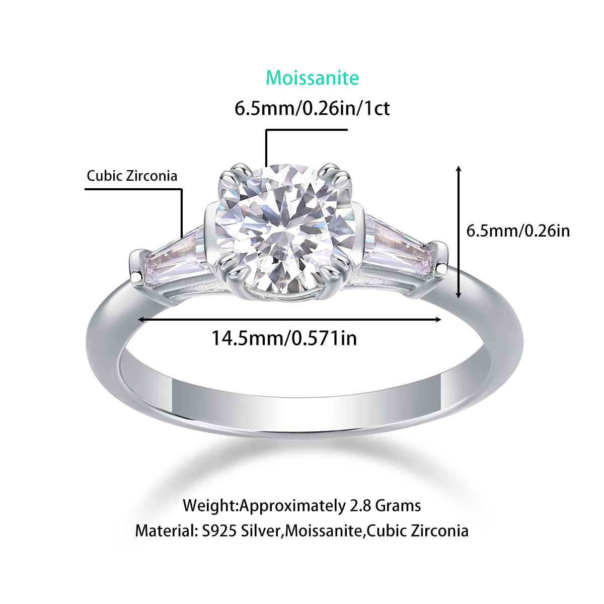 Dimension guide showing 6.5mm 1CT round moissanite center stone and tapered baguette accent sizes.