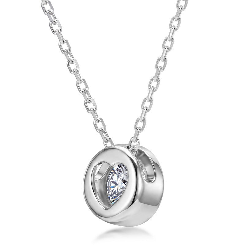 Close-up view of side openwork heart gallery and slider chain on round bezel pendant.