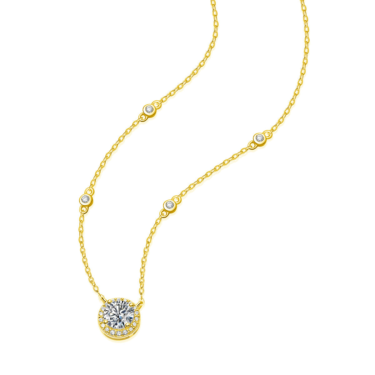 Detailed view of 18K yellow gold 1CT lab grown diamond halo pendant and station chain.