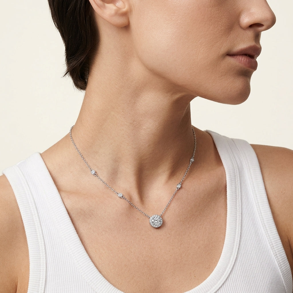  Model showing white gold 1CT lab grown diamond halo station necklace on collarbone.