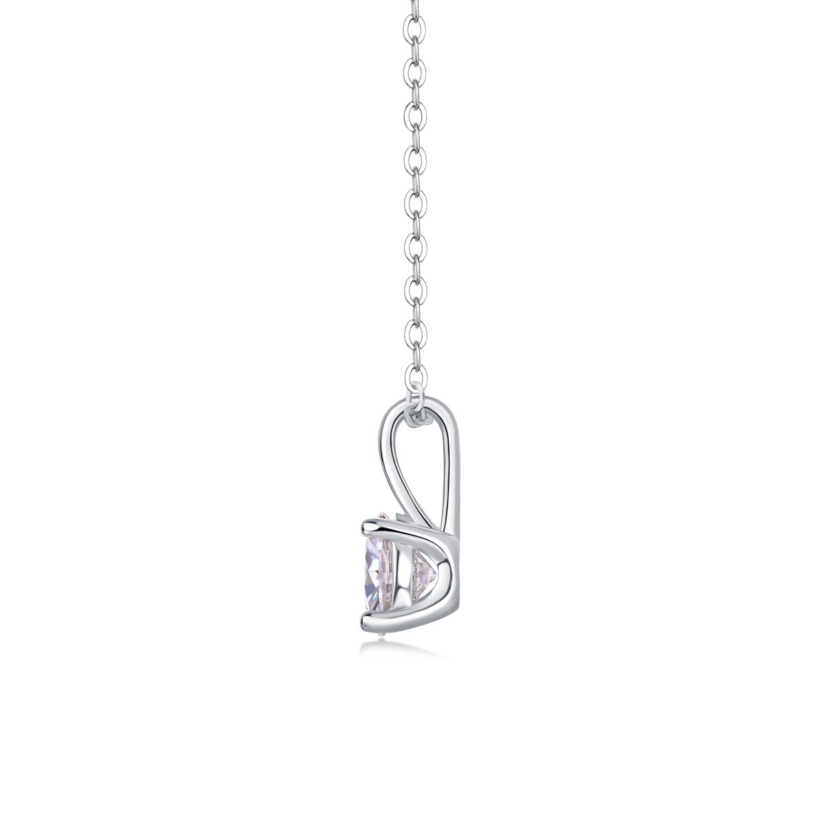 Side profile view of 1 carat lab grown diamond solitaire pendant showing 4-prong setting and bail.