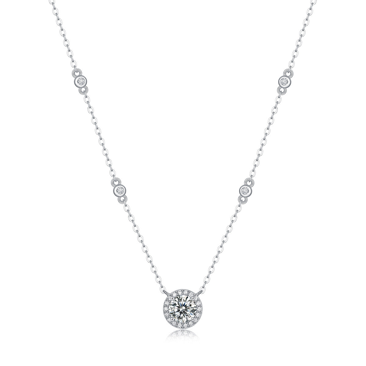 1CT round lab grown diamond halo solitaire pendant station necklace in white gold.