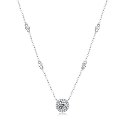 1CT round lab grown diamond halo solitaire pendant station necklace in white gold.