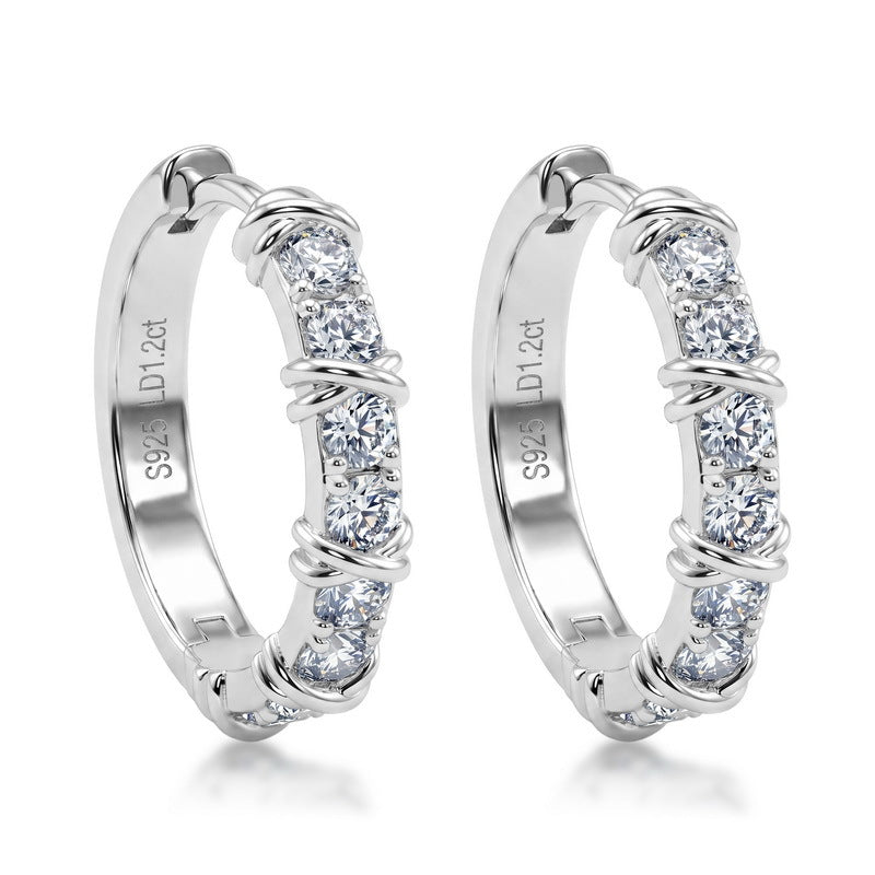 1CT lab grown diamond X cross cable wire huggie hoop earrings in sterling silver.