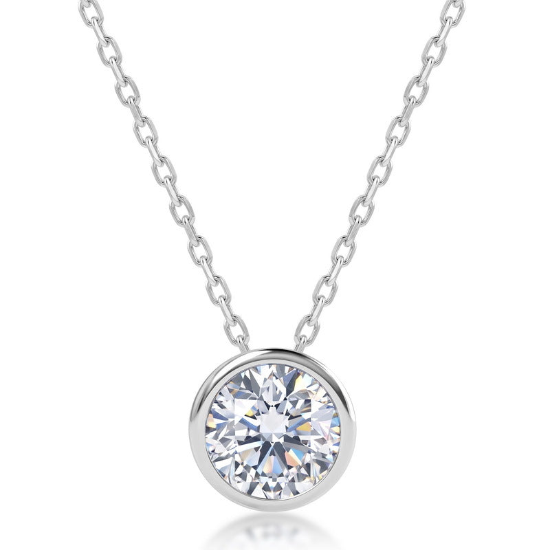 1CT round bezel set solitaire floating pendant necklace in 925 sterling silver.