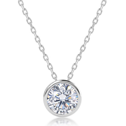 1CT round bezel set solitaire floating pendant necklace in 925 sterling silver.