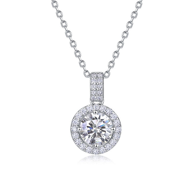 1ct round cut halo diamond pendant necklace with double-row pave bail in sterling silver.