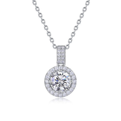 1ct round cut halo diamond pendant necklace with double-row pave bail in sterling silver.