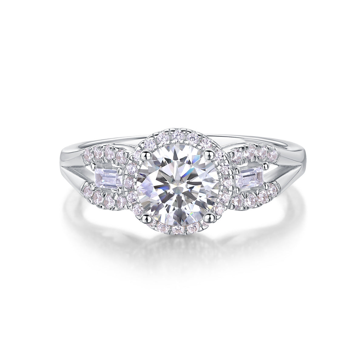 1CT round cut moissanite halo engagement ring with baguette side stones and split pave shank on white background.