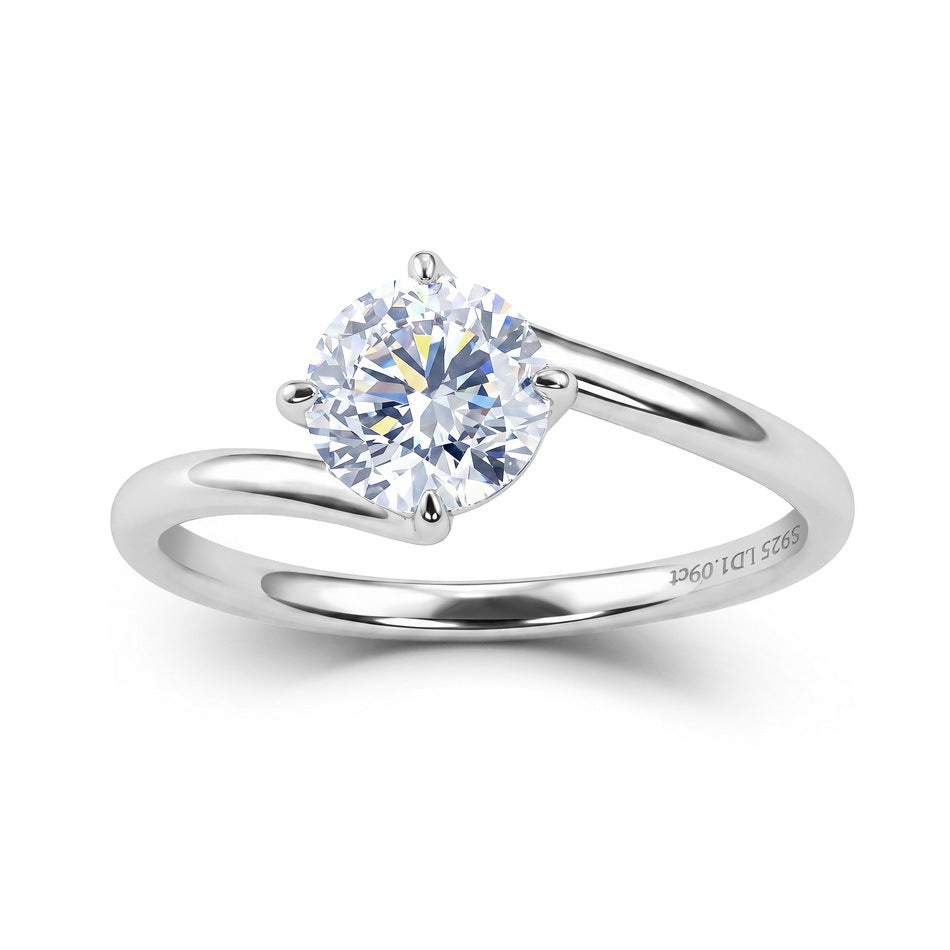 1ct round diamond bypass solitaire engagement ring in platinum-plated sterling silver.