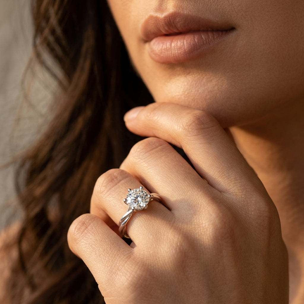 Close-up view of a model wearing 1ct round moissanite 6-prong twisted vine ring.