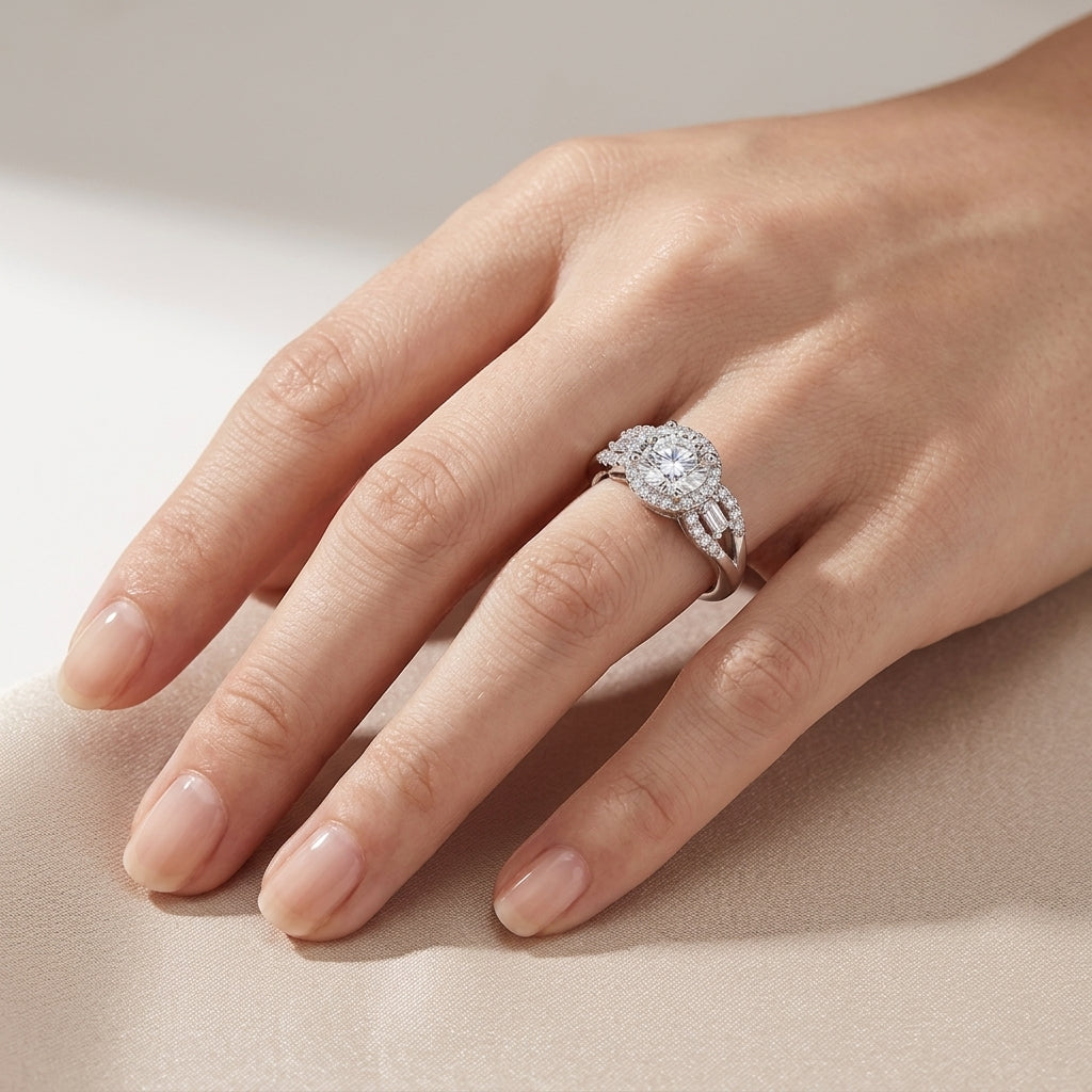 Close-up view of a model wearing 1CT round moissanite halo engagement ring with split pave shank.