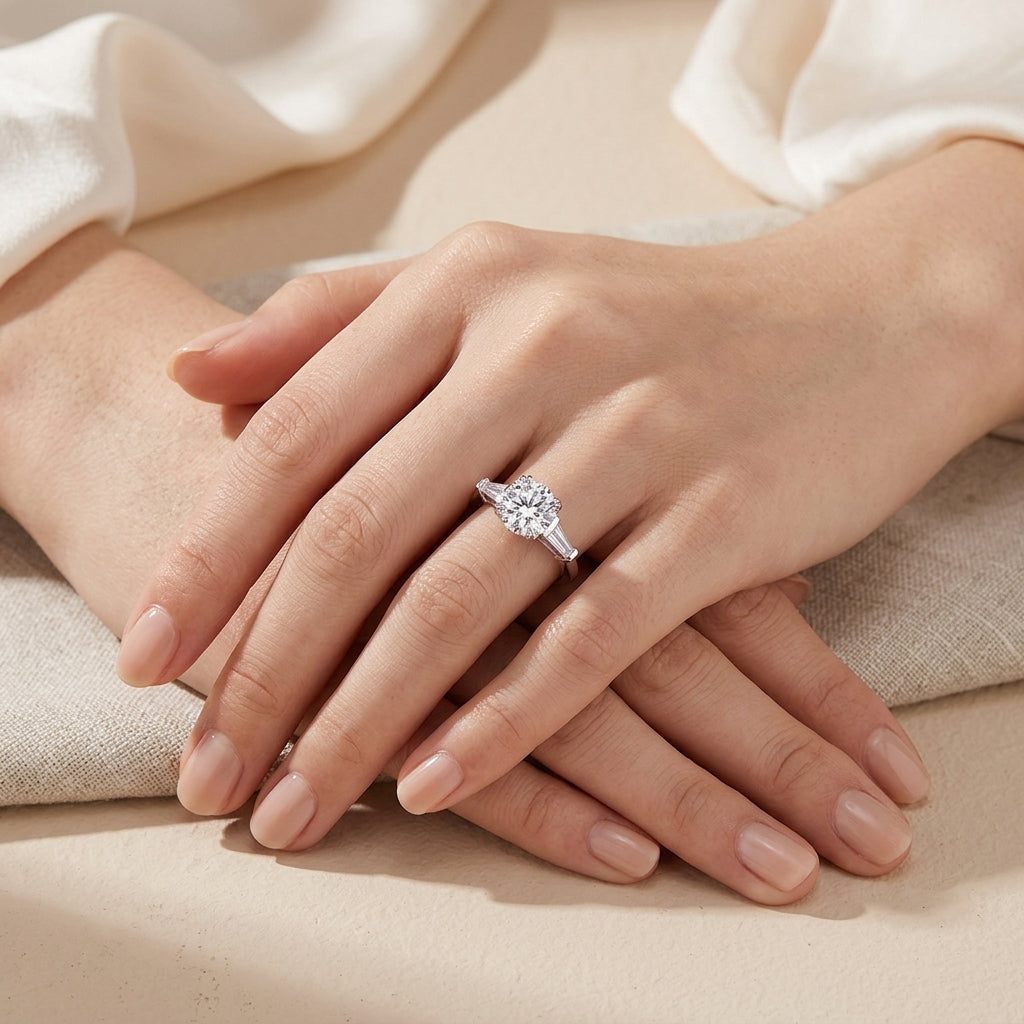 Model showing 1CT round cut moissanite three-stone engagement ring on hands in natural lighting.