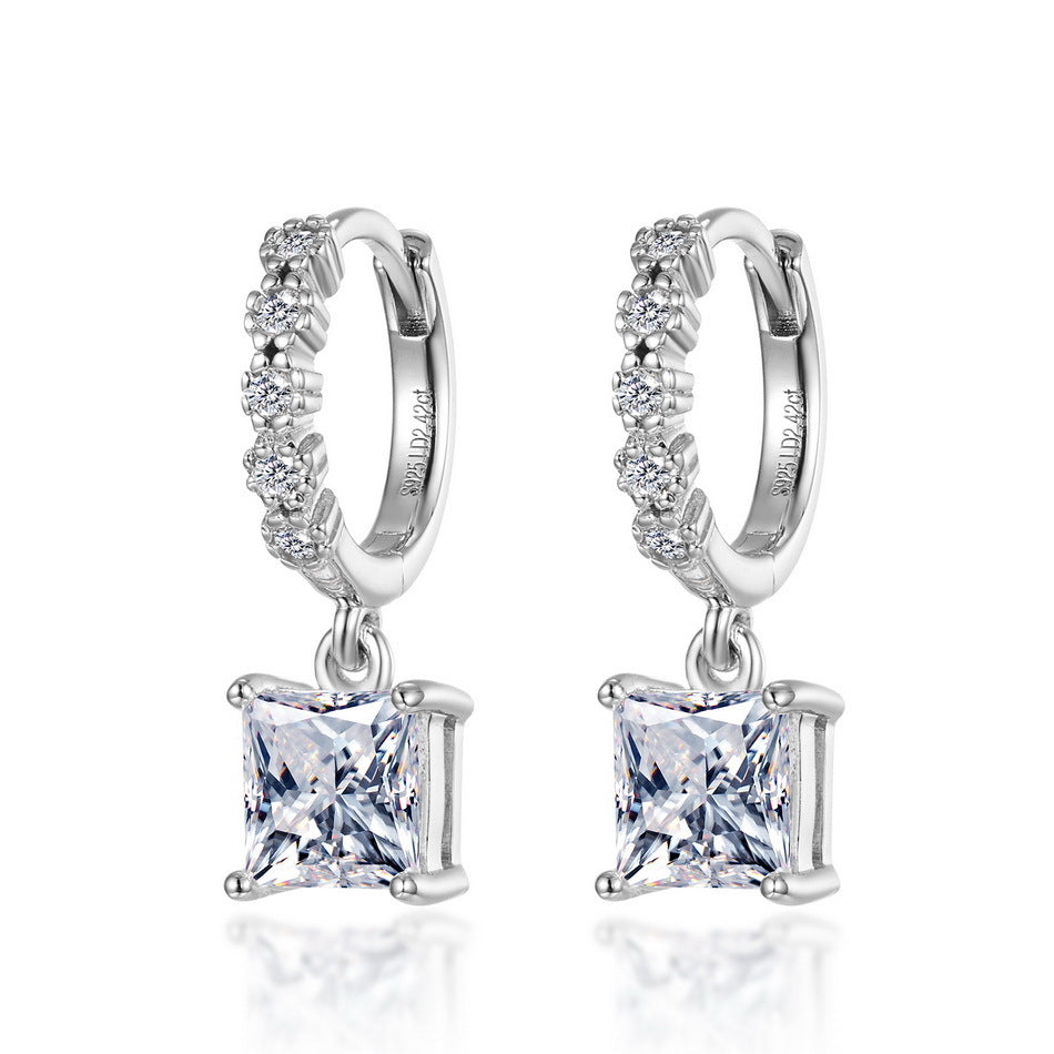 2.4ctw princess cut diamond solitaire dangle huggie hoop earrings in 925 silver.