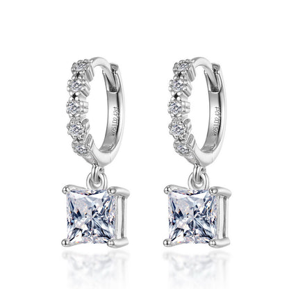 2.4ctw princess cut diamond solitaire dangle huggie hoop earrings in 925 silver.