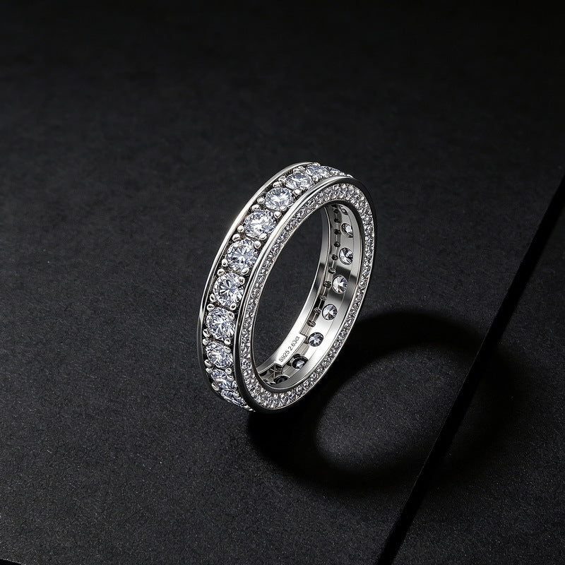 Side profile view showing micro-pave side diamond halos on 2.63CT lab grown diamond eternity ring.